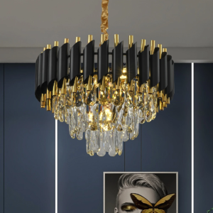 Modern 3-tier crystal black and gold round chandelier