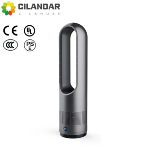 18-inch bladeless floor-standing tower fan with LED display and remote in silver