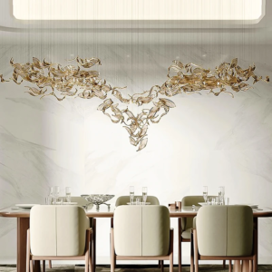 Luxury crystal linear pendant chandelier over kitchen island