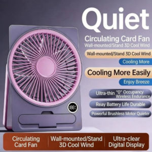 Ultra-thin card-style desktop fan with digital display in light purple