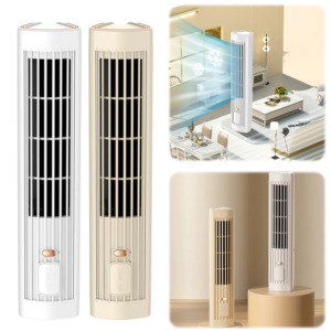 Bladeless floor tower fan USB rechargeable 1200mAh in white for home