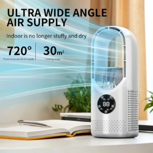 3-in-1 USB bladeless desktop tower fan with water mist and 7-color light