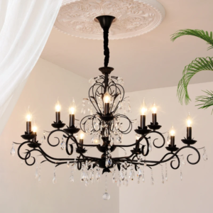 French Style Black Wrought Iron Crystal Chandelier