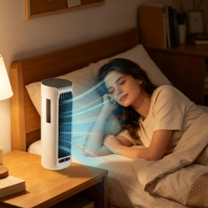 Portable 3000mAh non-drilling circulating desktop tower fan in gray
