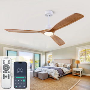 Large natural wood ceiling fan with dimmable LED light and quiet DC motor for living room