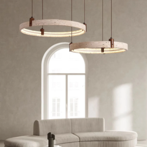 Natural Stone & Wood LED Ring Pendant Chandelier