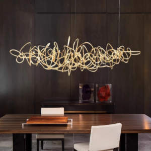 Modern Linear LED Pendant Light in silver over dining table