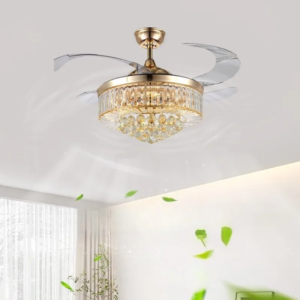 Invisible ceiling fan light with retractable blades and crystal iron body for restaurant and villa