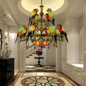 Art Deco Tiffany stained glass parrot chandelier for dining room
