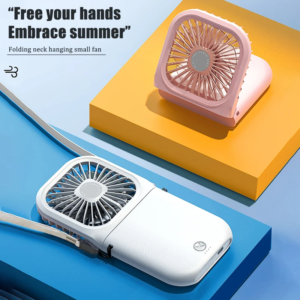 Portable neck-hanging and folding desktop mini fan in blue