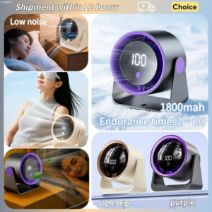 Silent mini desktop and wall-mounted fan with LED display in purple