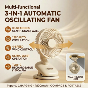 Clip-on stroller and desk fan with oscillation in white