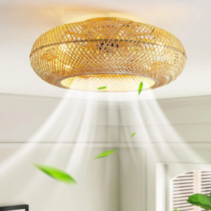 Woven bamboo ceiling fan with integrated light in a bedroom