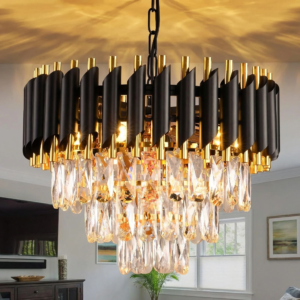 Modern black and gold crystal chandelier hanging above a dining area