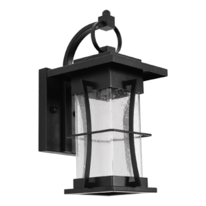 Black vintage-style square iron and seeded glass exterior wall light