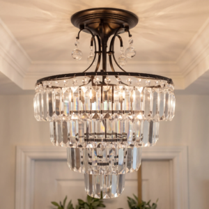 Black 3-tier waterfall crystal chandelier semi-flush mount
