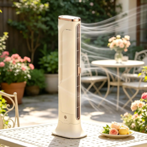 Bladeless portable tower fan on outdoor table