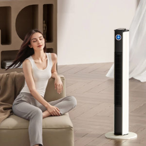Slim bladeless tower fan in a living room