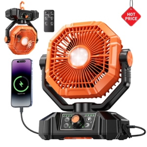 Rechargeable camping fan with LED lantern and remote
