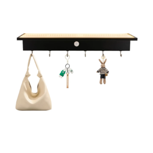 Black wall-mounted LED shelf sconce with hooks holding a bag and keychain