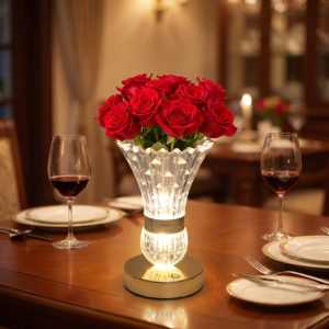 Crystal-style vase LED table lamp with flowers on a dining table