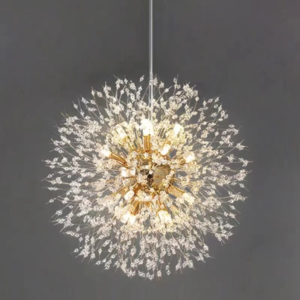 Gold sputnik-style dandelion pendant chandelier lit up