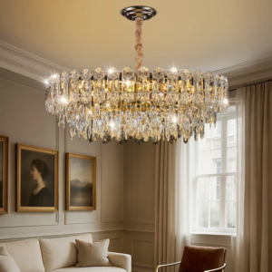 Designer crystal LED chandelier in high ceiling living room