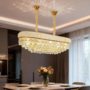 Empire gold rectangular crystal chandelier over dining table