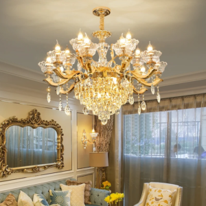 European French style gold crystal chandelier in living room