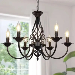 European style wrought iron candle chandelier in matte black