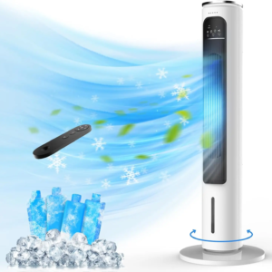Portable evaporative air cooler tower fan with ice packs and water tank