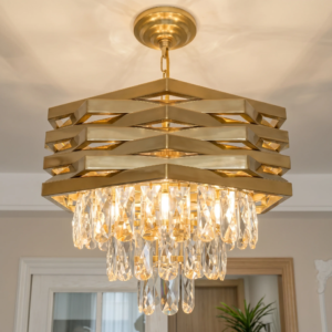Geometric gold raindrop crystal chandelier over entryway