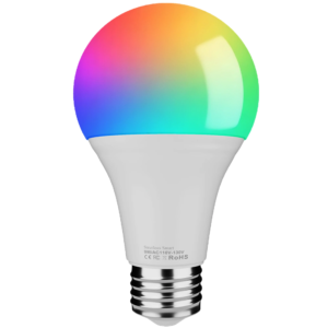 RGBCW smart LED bulb showing full color range, E26 base