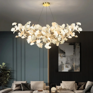 Ginkgo leaf LED pendant chandelier over living room