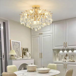Gold crystal flush mount chandelier in dining room