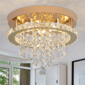 Gold flush mount crystal chandelier in bedroom