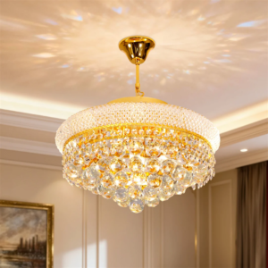 Round gold crystal chandelier with adjustable chain