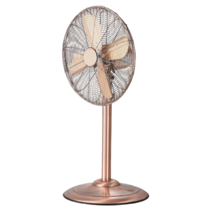 Industrial-style metal pedestal fan with copper-tone finish