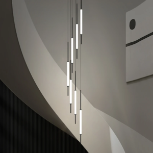 Minimalist staggered LED rod chandelier for staircase