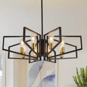 Modern 8-light geometric chandelier with black frame and golden accents