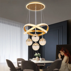 Modern LED halo cascade chandelier over dining table