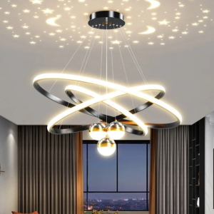 Moon stars ring chandelier projecting stars on ceiling