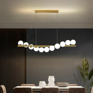 Modern Nordic linear chandelier with glass orbs