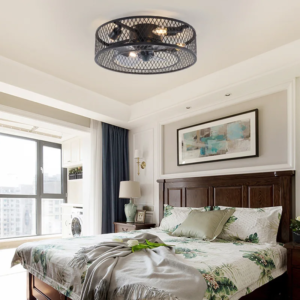 Black cage-style Nordic retro ceiling fan with light in a bedroom