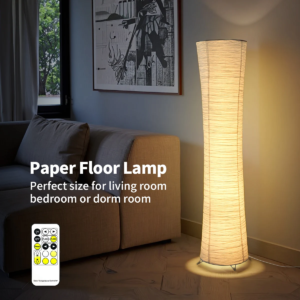 Paper and chrome-plated standing floor lamp with LED light strip