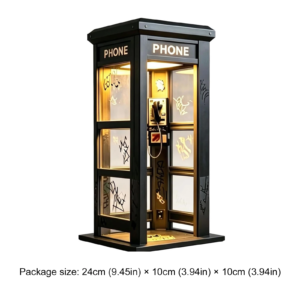 Classic telephone booth novelty ambient table lamp lit up on a dresser