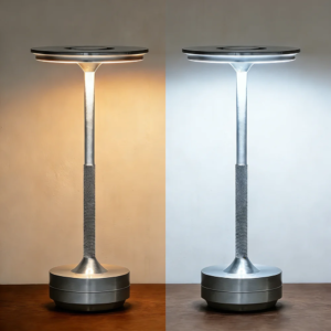 Rechargeable wireless LED touch table lamp shown in warm and cool white light