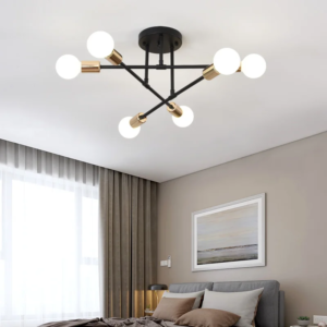 Retro industrial wrought iron 6-head ceiling lamp in bedroom