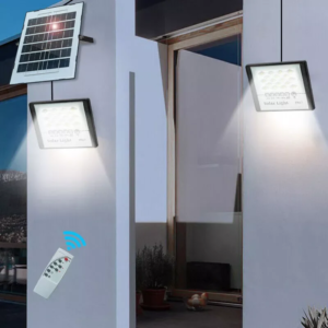 300W solar flood light mounted on wall with remote solar panel
