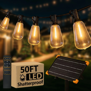 50ft solar string lights with Edison-style bulbs on patio